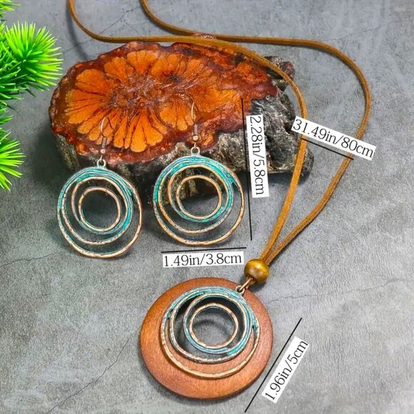Necklace Earrings 3pc Set Spiral Wood Boho Copper Swirl Unique Stylish Trendy - Picture 4 of 4